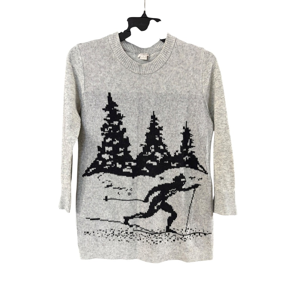J.Crew Womens Gray Intarsia Ski Scene Crewneck Sweater Size S Winter Pine Tree